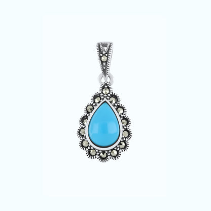 Sterling Silver 925 Pendant Embedded With Natural Processed Turquoise And Marcasite Stones