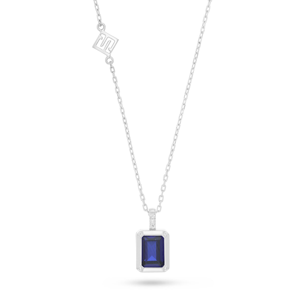Sterling Silver 925 Necklace Rhodium Plated Embedded With Sapphire Corundum And White Zircon