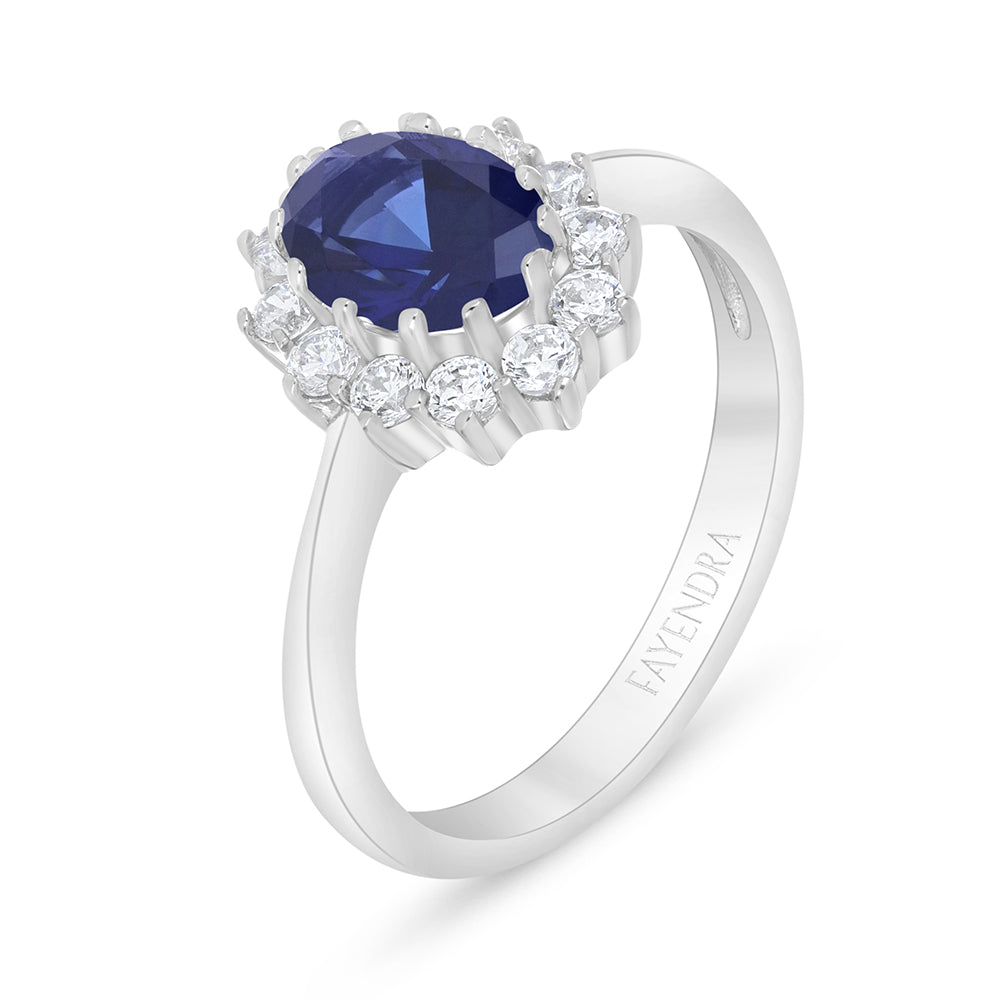 Sterling Silver 925 Ring Rhodium Plated Embedded With Sapphire Corundum And White Zircon