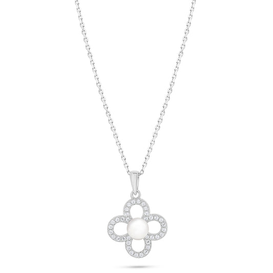Sterling Silver 925 Necklace Rhodium Plated Embedded With Natural White Pearl And White Zircon