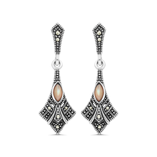 Sterling Silver 925 Earring Embedded With Natural Pink Shell And Marcasite Stones