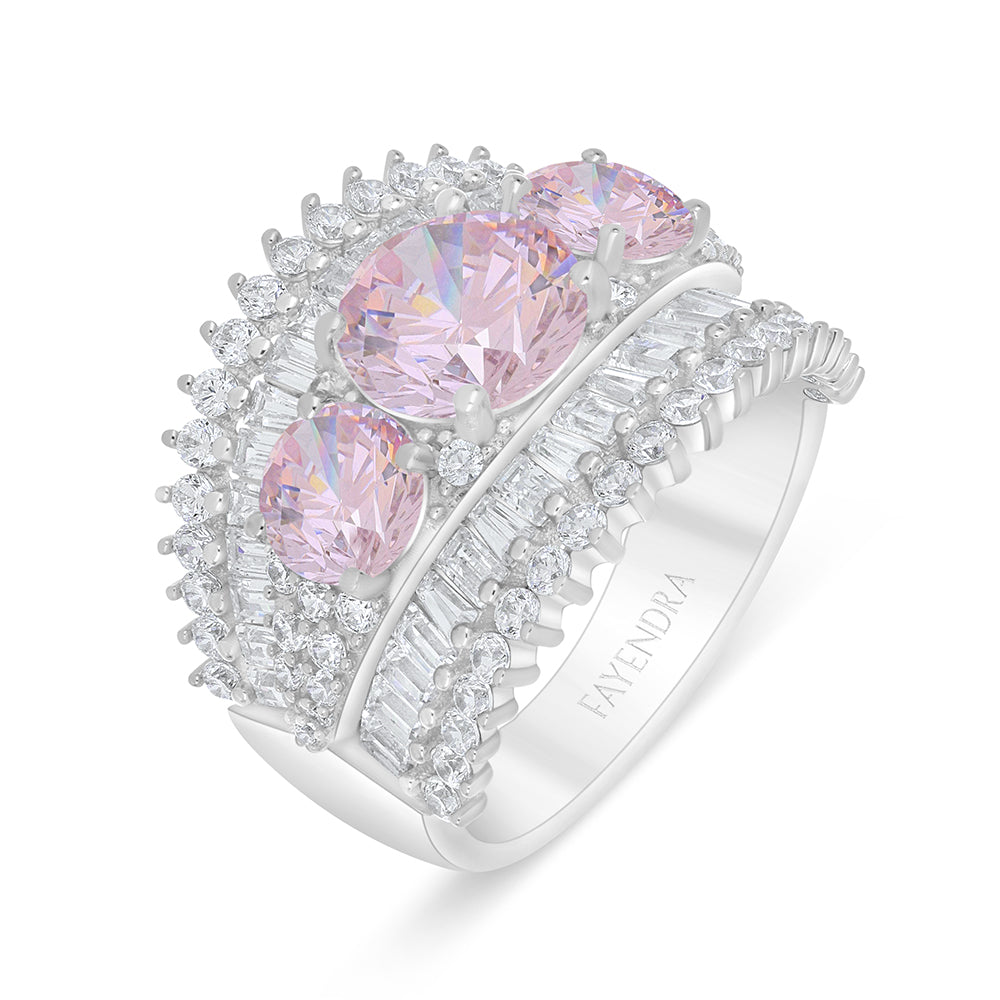 Sterling Silver 925 Ring Rhodium Plated Embedded With Pink Zircon And White Zircon
