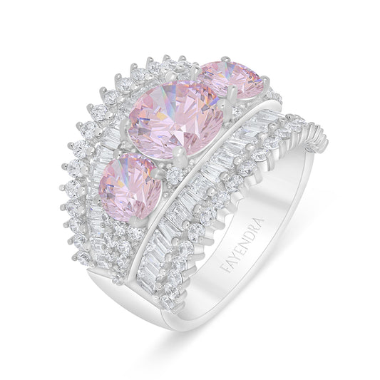 Sterling Silver 925 Ring Rhodium Plated Embedded With Pink Zircon And White Zircon