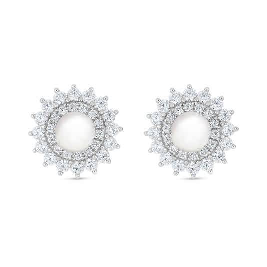 Sterling Silver 925 Earring Rhodium Plated Embedded With Natural White Pearl And White Zircon