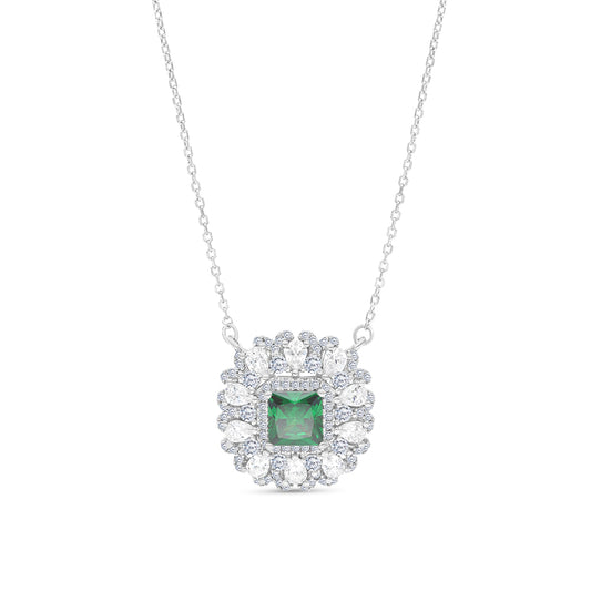 Sterling Silver 925 Necklace Rhodium Plated Embedded With Emerald Zircon And White CZ