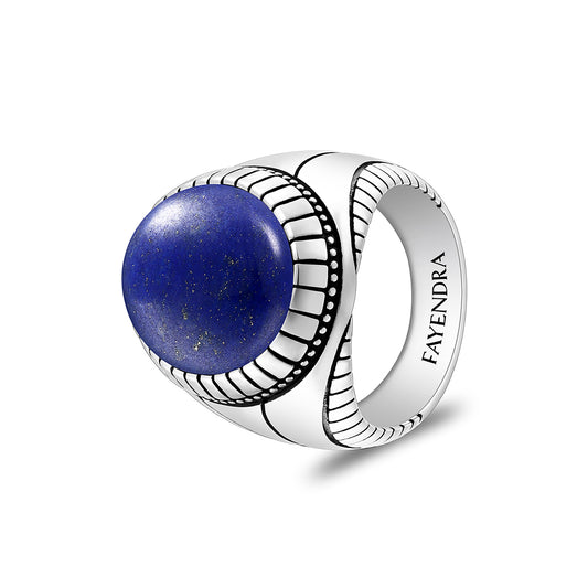 Sterling Silver 925 Ring Rhodium And Black Plated Embedded With Cabochon Lapis For Men