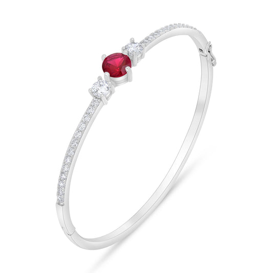 Sterling Silver 925 Bangle Rhodium Plated Embedded With Ruby Corundum And White Zircon ( 52*58 )