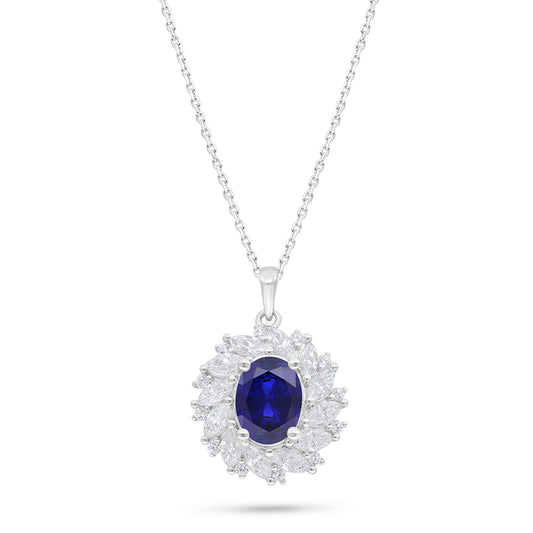 Sterling Silver 925 Necklace Rhodium Plated Embedded With Sapphire Corundum And White Zircon