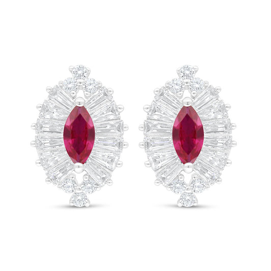 Sterling Silver 925 Earring Rhodium Plated Embedded With Ruby Corundum And White Zircon