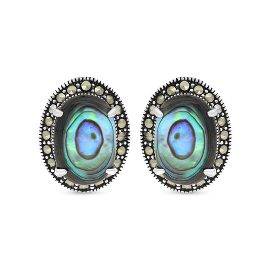 Sterling Silver 925 Earring Embedded With Natural Blue Shell And Marcasite Stones