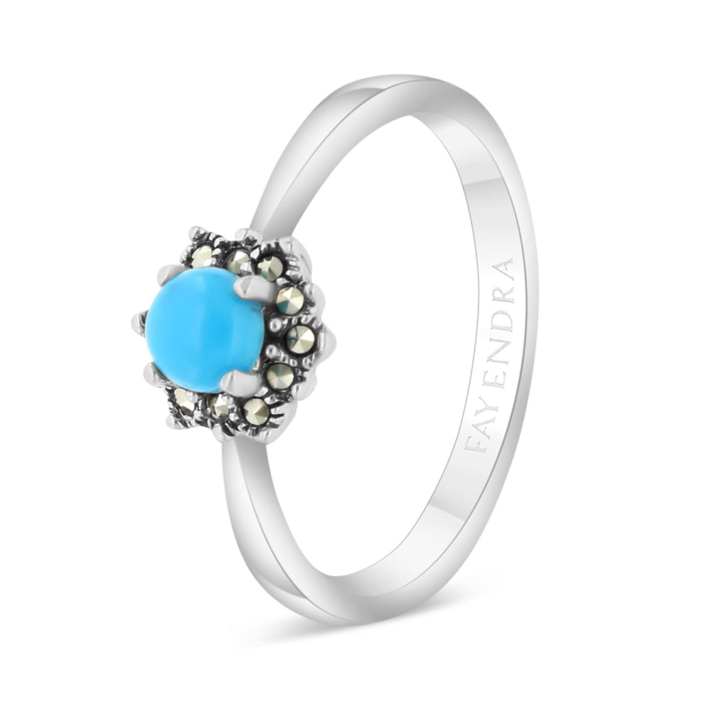 Sterling Silver 925 Ring Embedded With Natural Processed Turquoise And Marcasite Stones