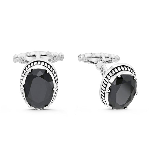 Sterling Silver 925 Cufflink Rhodium And Black Plated Embedded With Black Spinal Stone