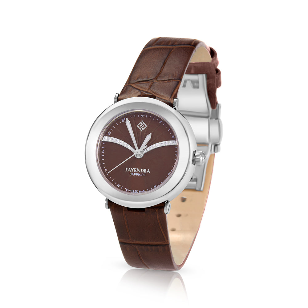 Stainless Steel 316L Watch Silver Color Brown Leather And White Zircon - BROWN METAL DIAL