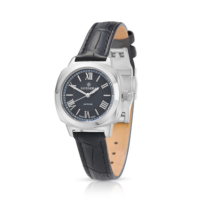 Stainless Steel 316L Watch Silver Color Black Leather - BLACK METAL DIAL