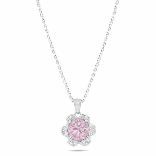 Sterling Silver 925 Necklace Rhodium Plated Embedded With Pink Zircon And White Zircon