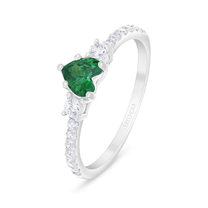 Sterling Silver 925 Ring Rhodium Plated Embedded With Emerald Zircon And White Zircon