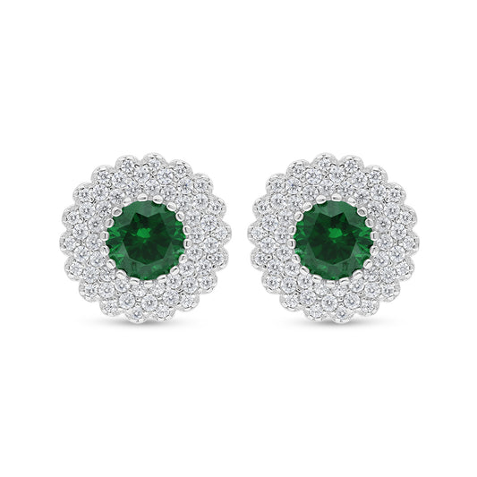 Sterling Silver 925 Earring Rhodium Plated Embedded With Emerald Zircon And White Zircon