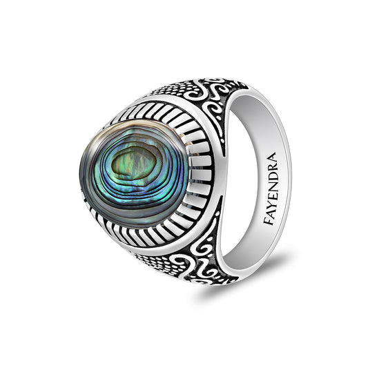 Sterling Silver 925 Ring Rhodium And Black Plated Embedded With Cabochon Paua Shell For Men