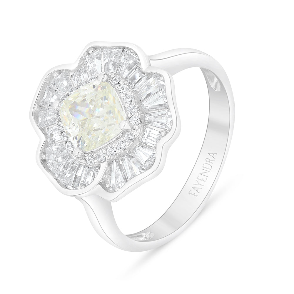 خاتم من الفضة الخالصة عيار 925 مطلي روديوم مرصع بالزركون الكناري الالماسي و فص ابيض