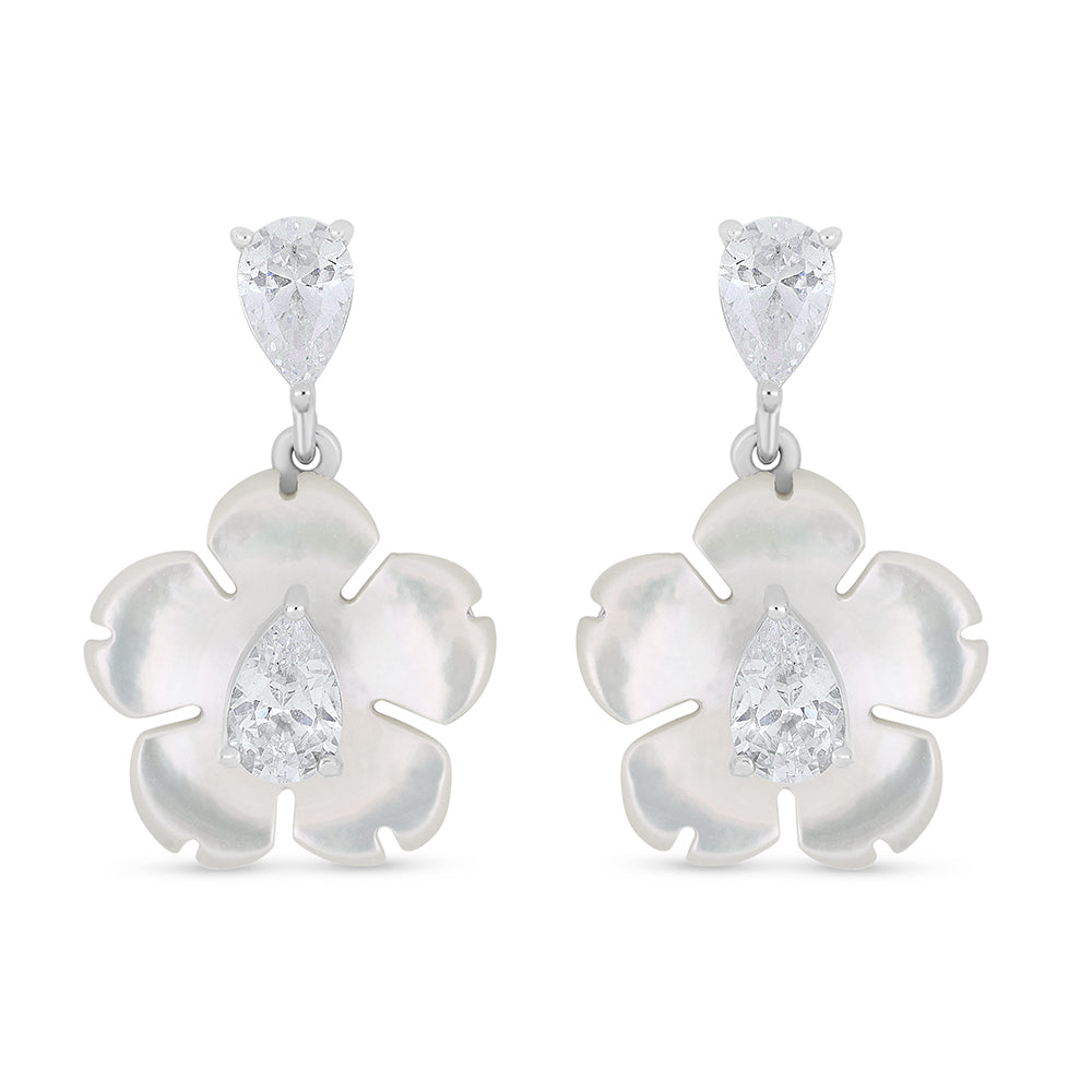 Sterling Silver 925 Earring Rhodium Plated Embedded With White Shell And White Zircon