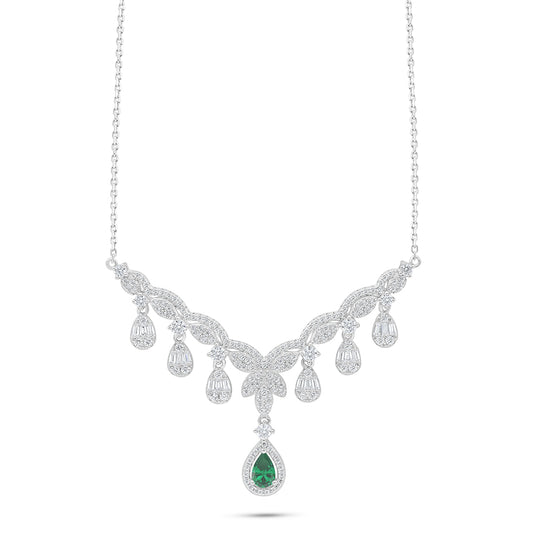 Sterling Silver 925 Necklace Rhodium Plated Embedded With Emerald Zircon And White Zircon