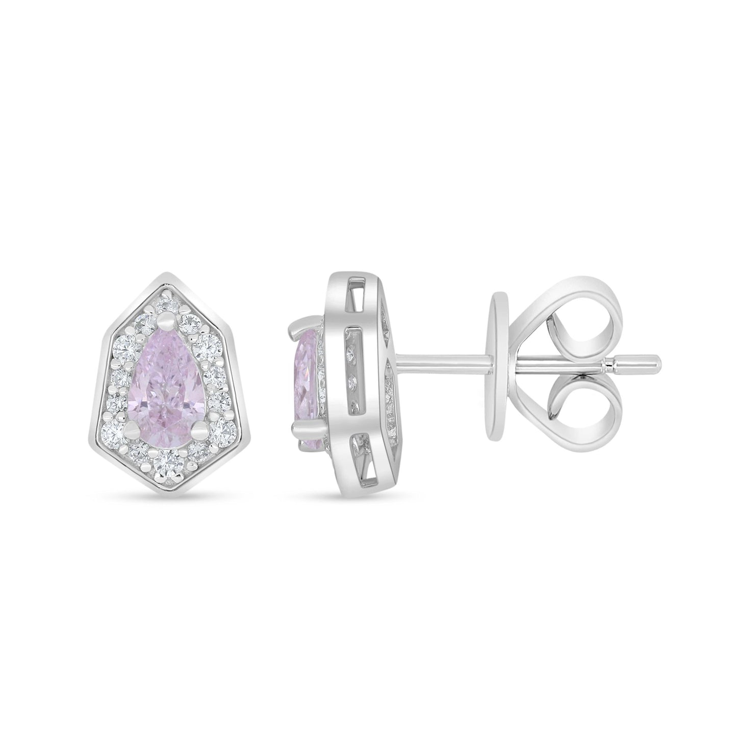 Sterling Silver 925 Earring Rhodium Plated Embedded With Pink Zircon And White Zircon