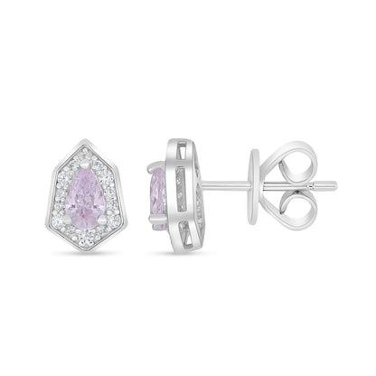 Sterling Silver 925 Earring Rhodium Plated Embedded With Pink Zircon And White Zircon