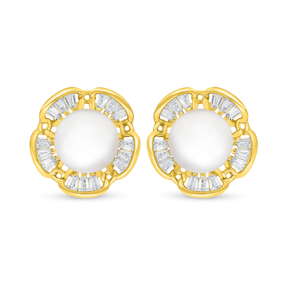 Sterling Silver 925 Earring Golden Plated Embedded With Natural White Pearl And White Zircon