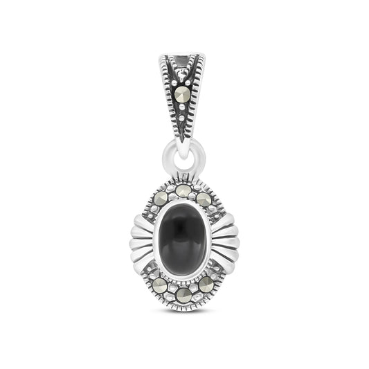 Sterling Silver 925 Pendant Embedded With Natural Black Agate And Marcasite Stones