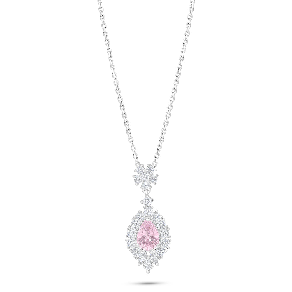Sterling Silver 925 Necklace Rhodium Plated Embedded With Pink Zircon And White Zircon