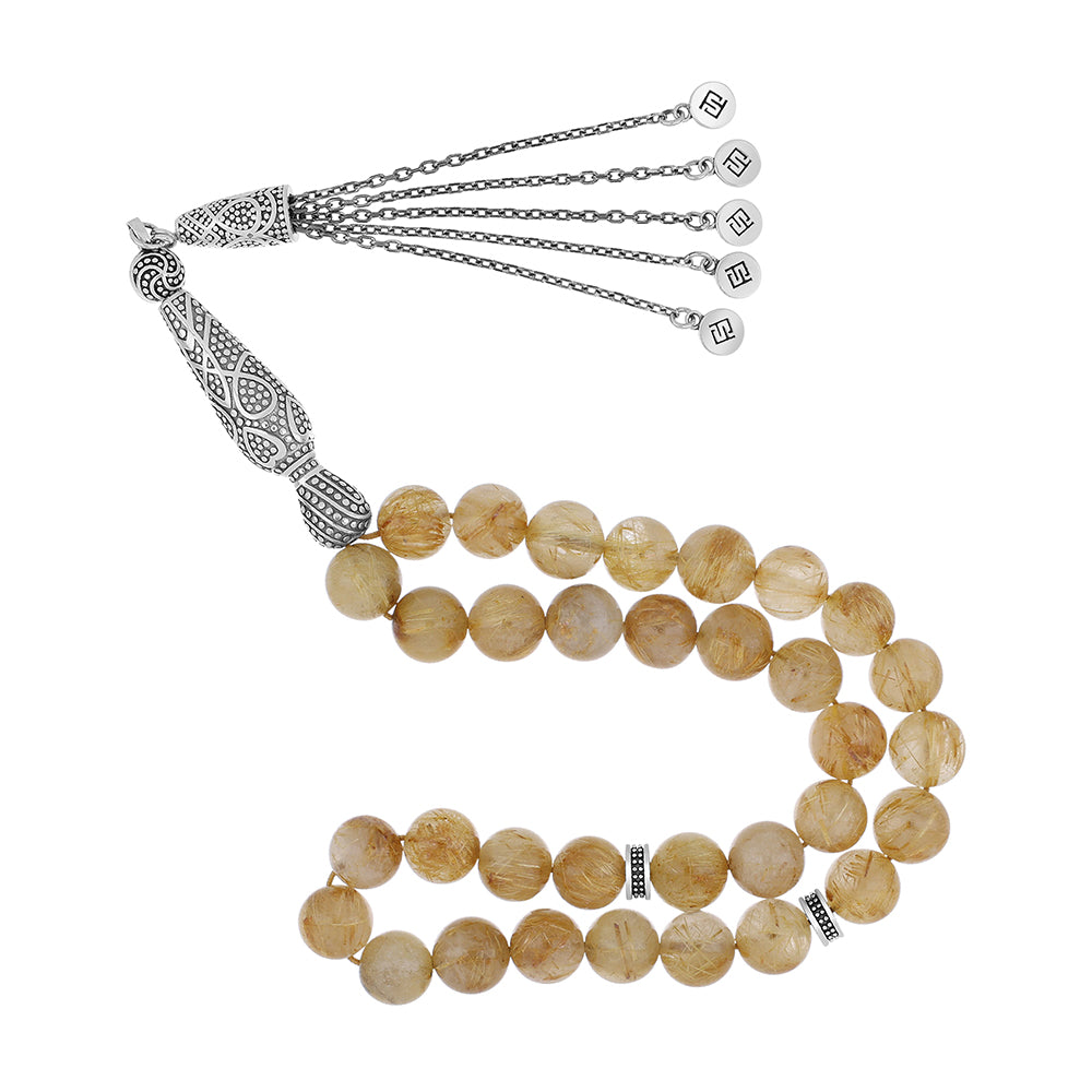 Rosary 33 Super Natural Rutile Round Bead 10 mm With Oxidized Silver 925 Set