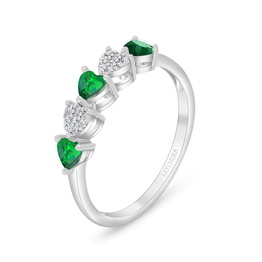 Sterling Silver 925 Ring Rhodium Plated Embedded With Emerald Zircon And White Zircon