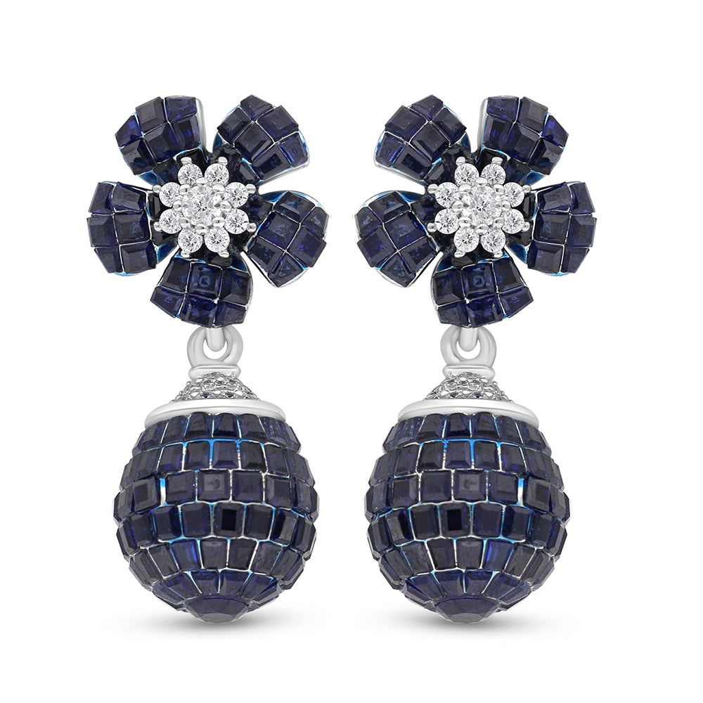 Sterling Silver 925 Earring Rhodium Plated Embedded With Sapphire Corundum And White Zircon