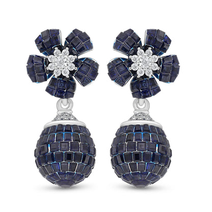 Sterling Silver 925 Earring Rhodium Plated Embedded With Sapphire Corundum And White Zircon