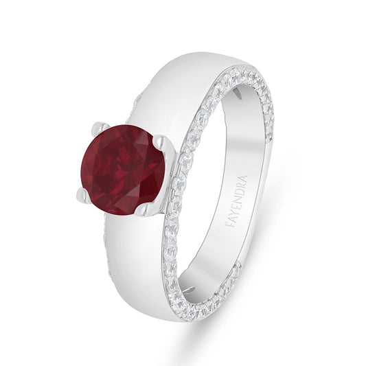 Sterling Silver 925 Ring Rhodium Plated Embedded With RubyCorundum And White Zircon