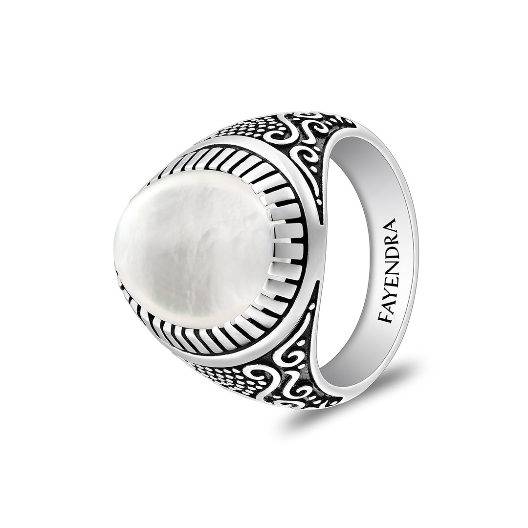 Sterling Silver 925 Ring Rhodium And Black Plated Embedded With Cabochon White Shell For Men