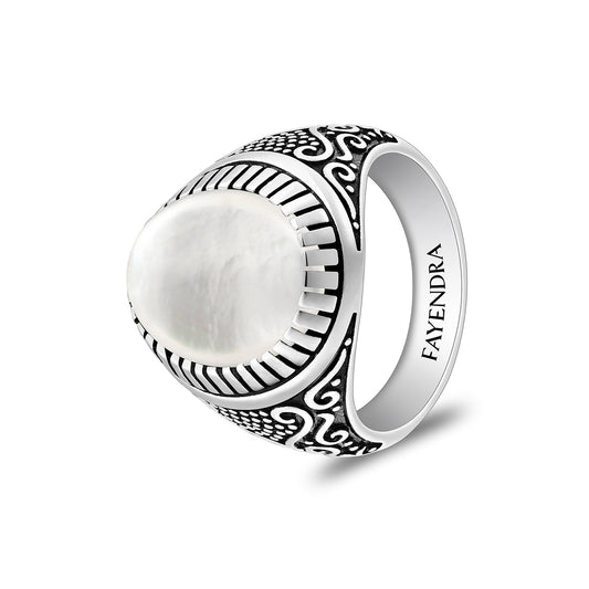 Sterling Silver 925 Ring Rhodium And Black Plated Embedded With Cabochon White Shell For Men