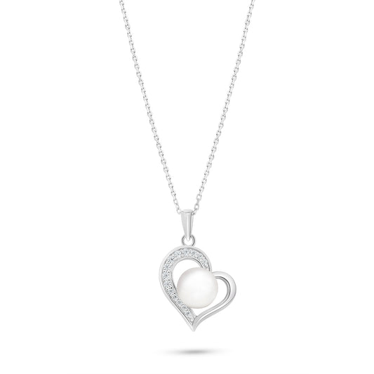 Sterling Silver 925 Necklace Rhodium Plated Embedded With Natural White Pearl And White Zircon