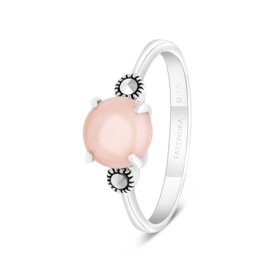 Sterling Silver 925 Ring Embedded With Natural Pink Shell And Marcasite Stones