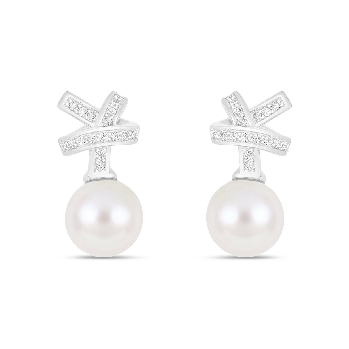 Sterling Silver 925 Earring Rhodium Plated Embedded With Natural White Pearl And White Zircon