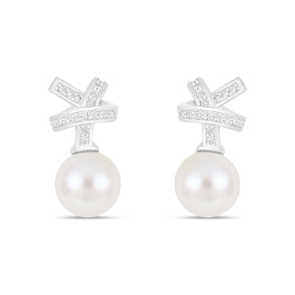 Sterling Silver 925 Earring Rhodium Plated Embedded With Natural White Pearl And White Zircon