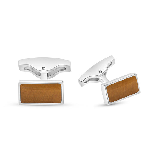 Stainless Steel Cufflink 316L Silver Color Embedded With Yellow Tiger Eye shell Shiny Steel