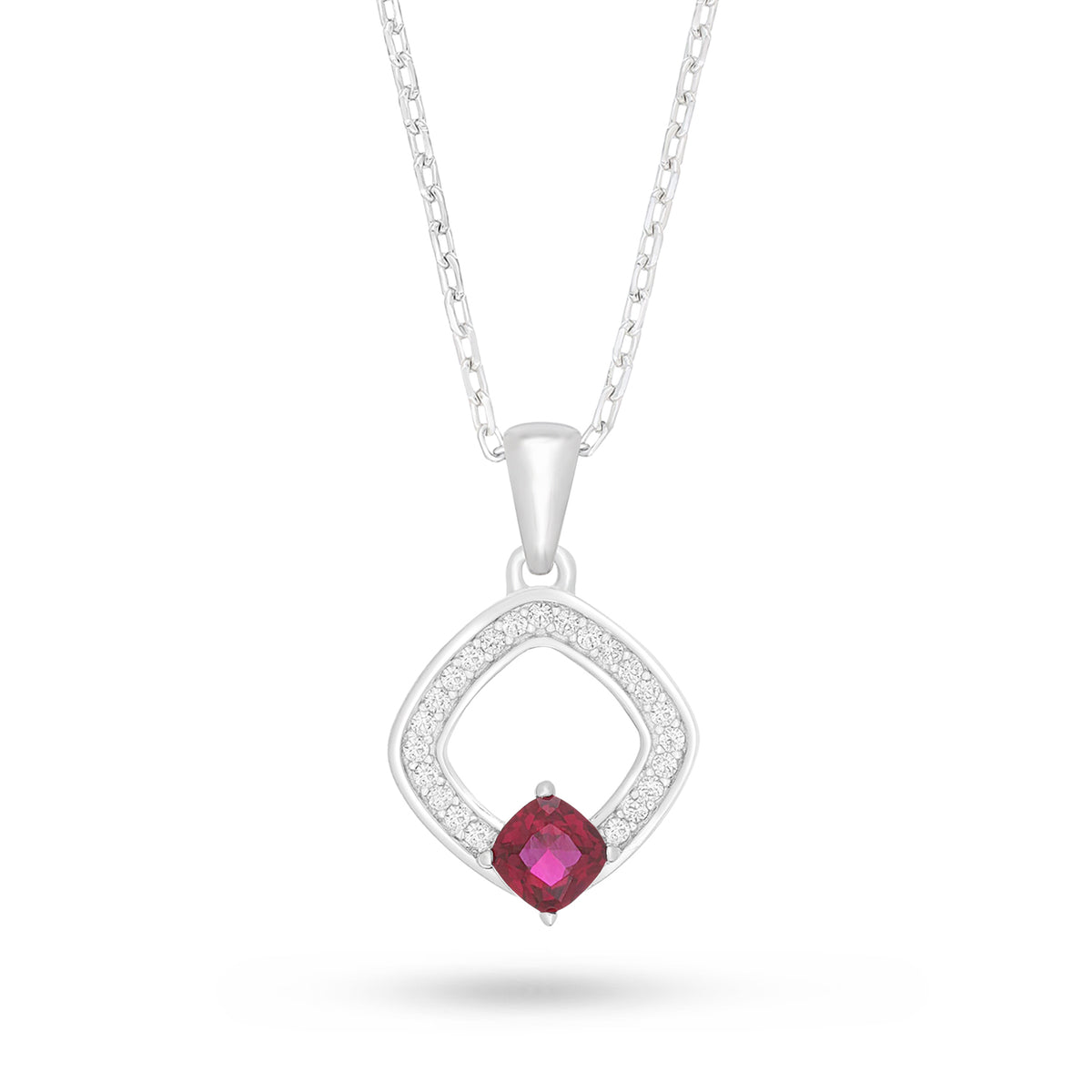 Sterling Silver 925 Necklace Rhodium Plated Embedded With Ruby Corundum And White Zircon