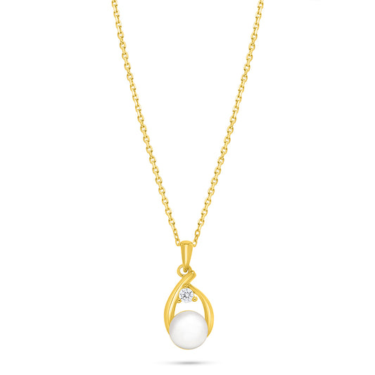 Sterling Silver 925 Necklace Golden Plated Embedded With Natural White Pearl And White Zircon