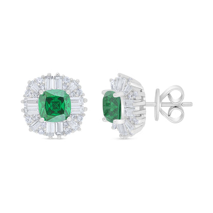 Sterling Silver 925 Earring Rhodium Plated Embedded With Emerald Zircon And White Zircon
