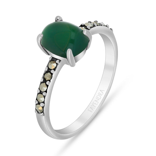 Sterling Silver 925 Ring Embedded With Natural Green Agate And Marcasite Stones