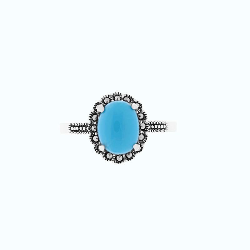 Sterling Silver 925 Ring Embedded With Natural Processed Turquoise And Marcasite Stones
