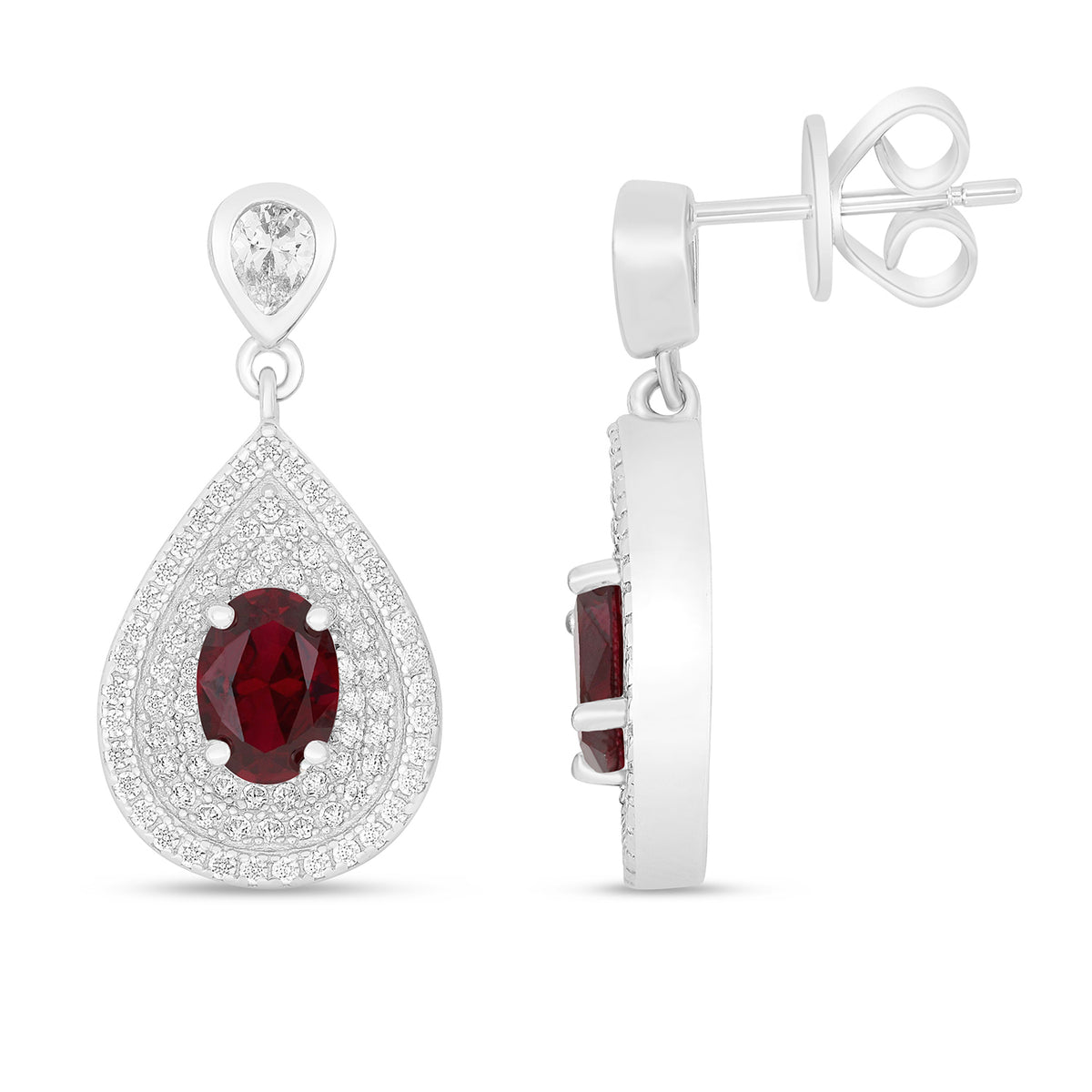 Sterling Silver 925 Earring Rhodium Plated Embedded With Ruby Corundum And White Zircon