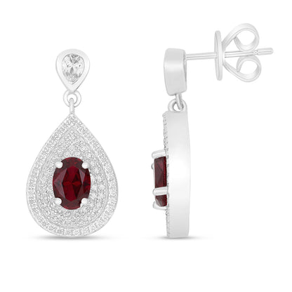 Sterling Silver 925 Earring Rhodium Plated Embedded With Ruby Corundum And White Zircon