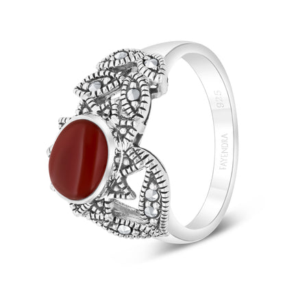 Sterling Silver 925 Ring Embedded With Red Agate And Marcasite Stones